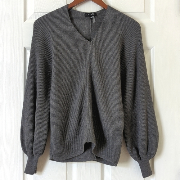 1. State Sweaters - 1. State Lightweight Ribbed Knit Long Balloon Sleeve V-neck Sweater Gray XXS